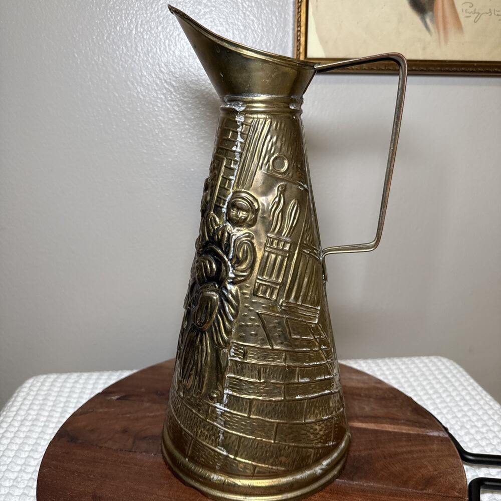Vtg English Brass Plated Figural Pitcher Ewer 13” Hollywood Regency Vase Decor - Picture 11 of 11